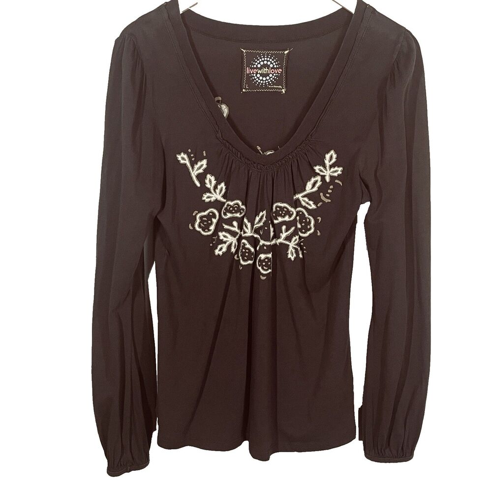 Vintage Y2K Top Womens L Brown VNeck Embroidered Floral Cottagecore Boho Artsy